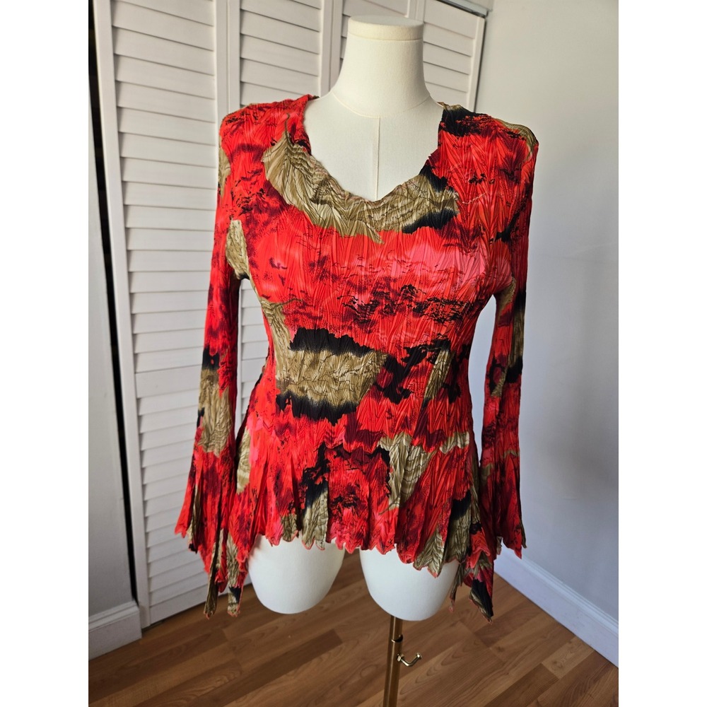 Dress U Red Abstract Pleated Asymmetrical Mesh Top Size L Y2K Fairy Grunge Boho